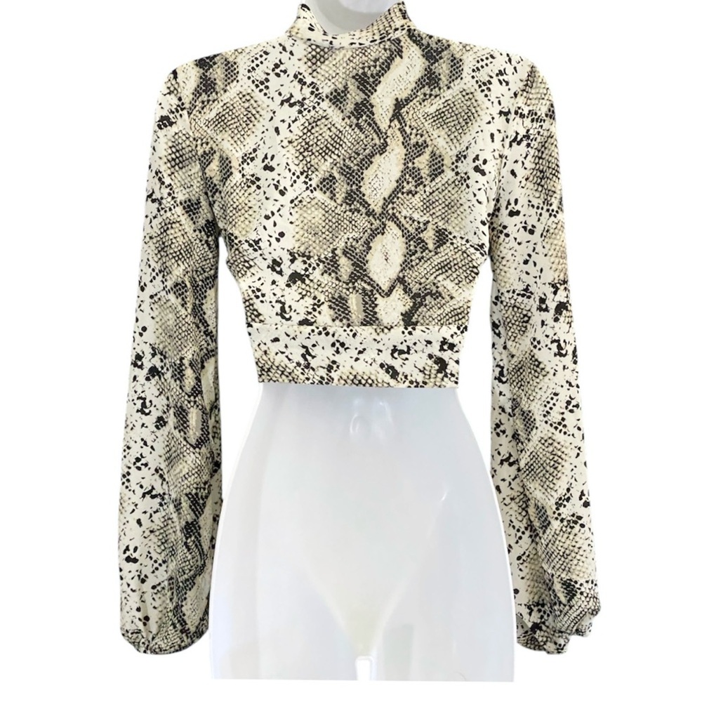 Windsor Snakeskin Keyhole Tie Front Crop Top XS Y2K Balloon Sleeve Indie Sleaze - Picture 6 of 9